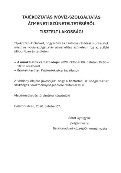 tájékoztatás ivóvíz-szolgáltatás átmeneti szüneteltetéséről_kutikertek u.-1